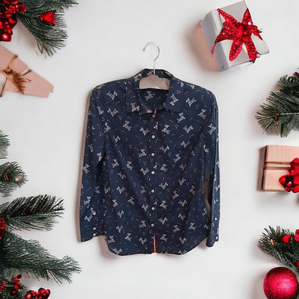 Talbots Shirt Womens Small‎ Button Up Candy Cane Scottie Dog Blue Holiday Xmas